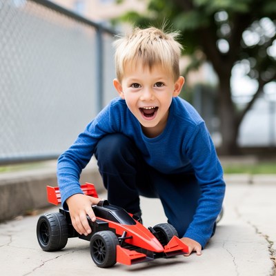 Boy playing with toy race car
