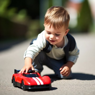 Boy plays with toy car outdoors