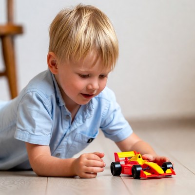 Child playing with toy car indoors