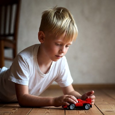 Boy playing with red toy car indoors