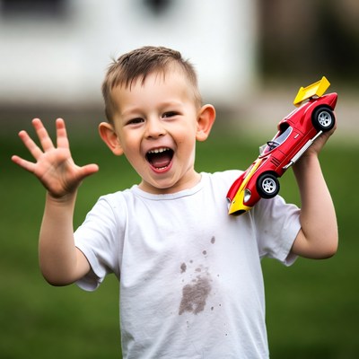 Boy playing with toy car outdoors