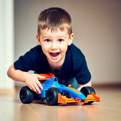 Boy enjoying a toy race car
