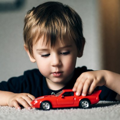 Boy playing with red toy car