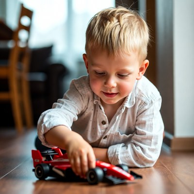 Child playing with toy car indoors