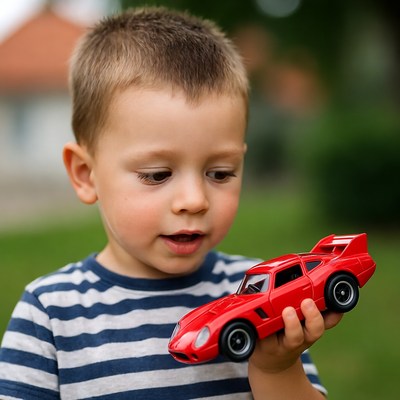 Boy plays with red toy car outdoors