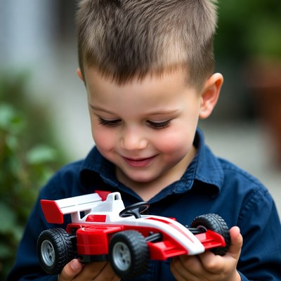 Child playing with red toy car