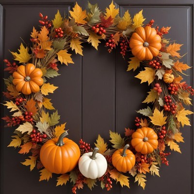 Autumn wreath with pumpkins and leaves