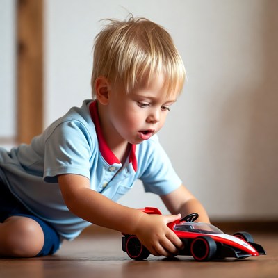 Young boy playing with toy car