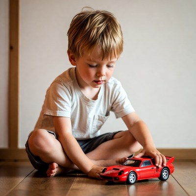 Boy playing with red toy car