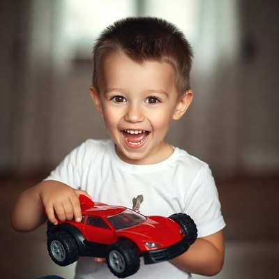 Happy child playing with toy car indoors
