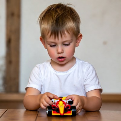 Child playing with toy race car