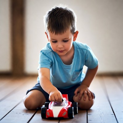 Child playing with toy car indoors