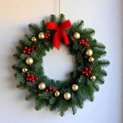 Christmas wreath with red bow and ornaments