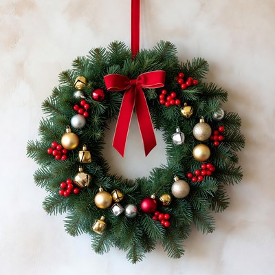 Festive wreath with red bow and ornaments