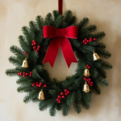 Christmas wreath with bells and red bow