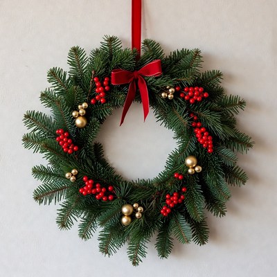 Festive holiday wreath with decorations