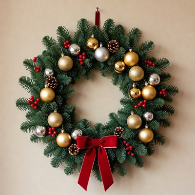 Festive wreath with golden ornaments