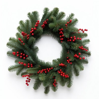 Festive green wreath with red berries