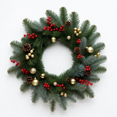 Holiday wreath with red and gold decorations
