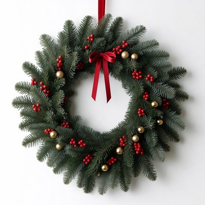 Festive wreath with red berries and gold accents