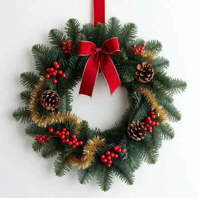 Festive holiday wreath with red bow
