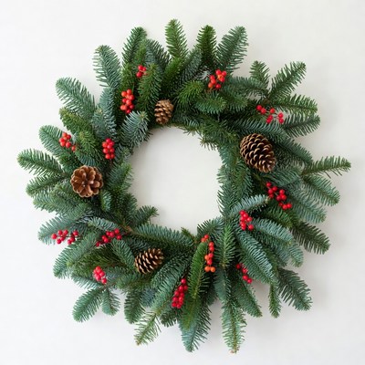Festive holiday wreath with pinecones