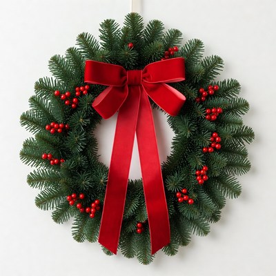 Holiday wreath with red ribbon