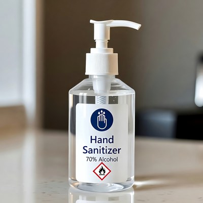 Clear hand sanitizer on table