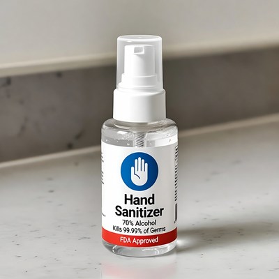 Hand sanitizer on a marble countertop