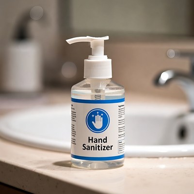Hand sanitizer on bathroom counter