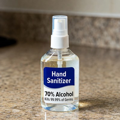 Hand sanitizer on kitchen counter