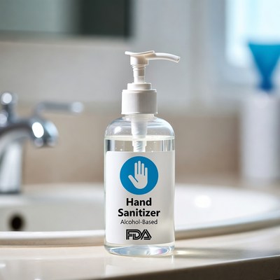 Hand sanitizer on bathroom counter