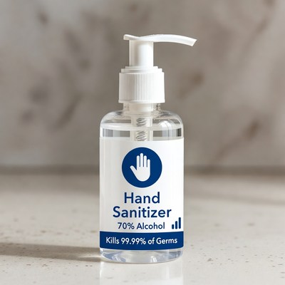 Hand sanitizer bottle on countertop