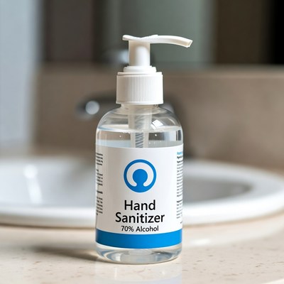 Clear hand sanitizer bottle on bathroom sink