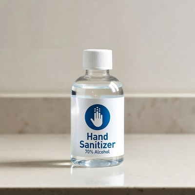 Hand sanitizer bottle on a counter
