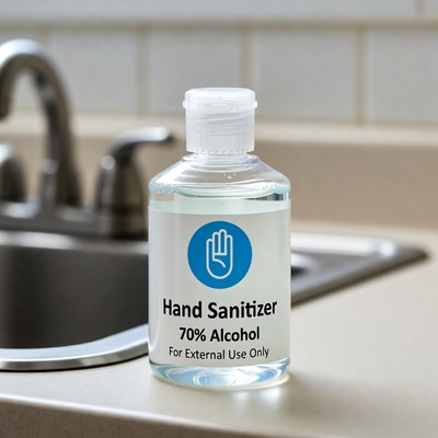 Clear hand sanitizer bottle on counter