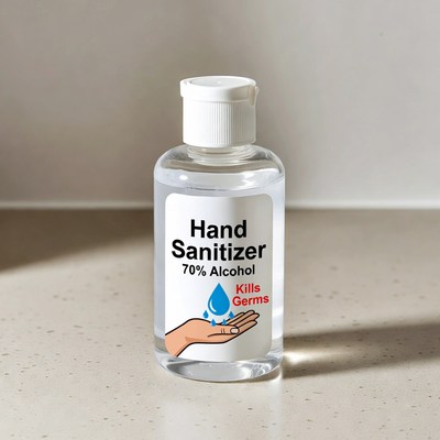Hand sanitizer on bathroom counter