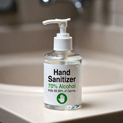 Hand sanitizer on bathroom counter