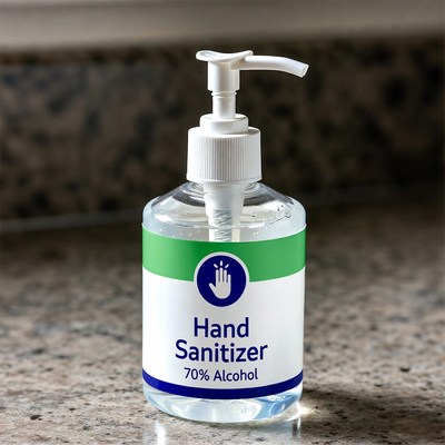 Hand sanitizer bottle on countertop