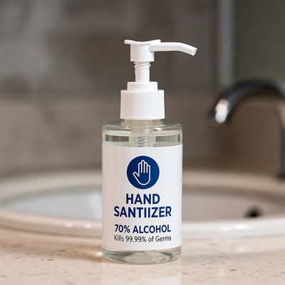 Hand sanitizer on bathroom counter