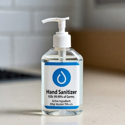 Hand sanitizer on kitchen counter