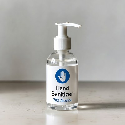 Hand sanitizer bottle on a table