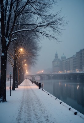 Snowy riverside in winter evening