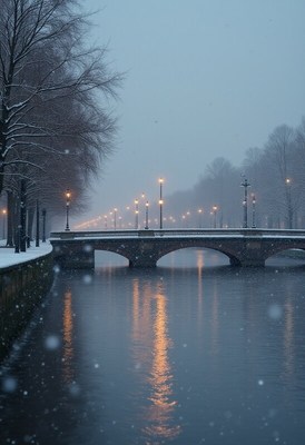 Snowy bridge scene at dusk