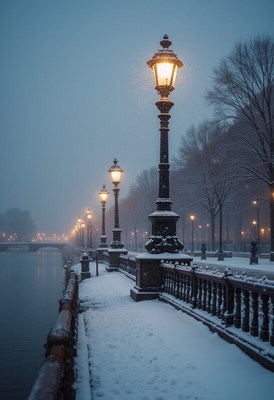 Snowy evening along the river