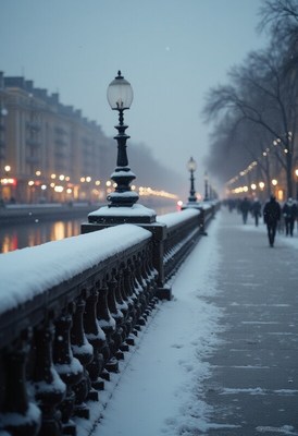 Snowy evening by the river