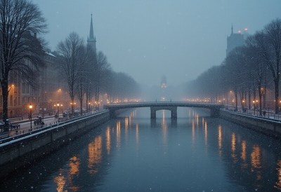 Winter evening in a snowy city