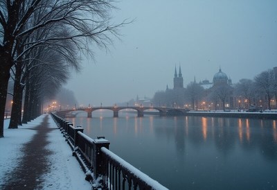 Snowy river scene in winter