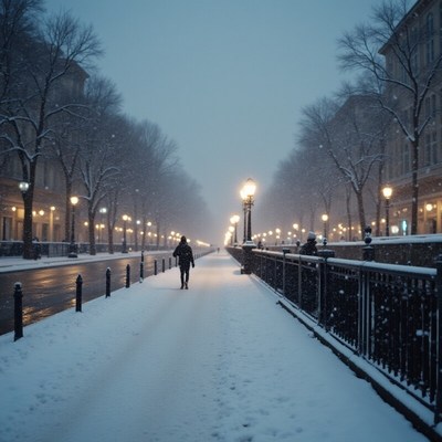 Snowy evening stroll in the city