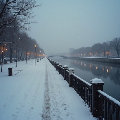 Snowy riverfront scene in winter